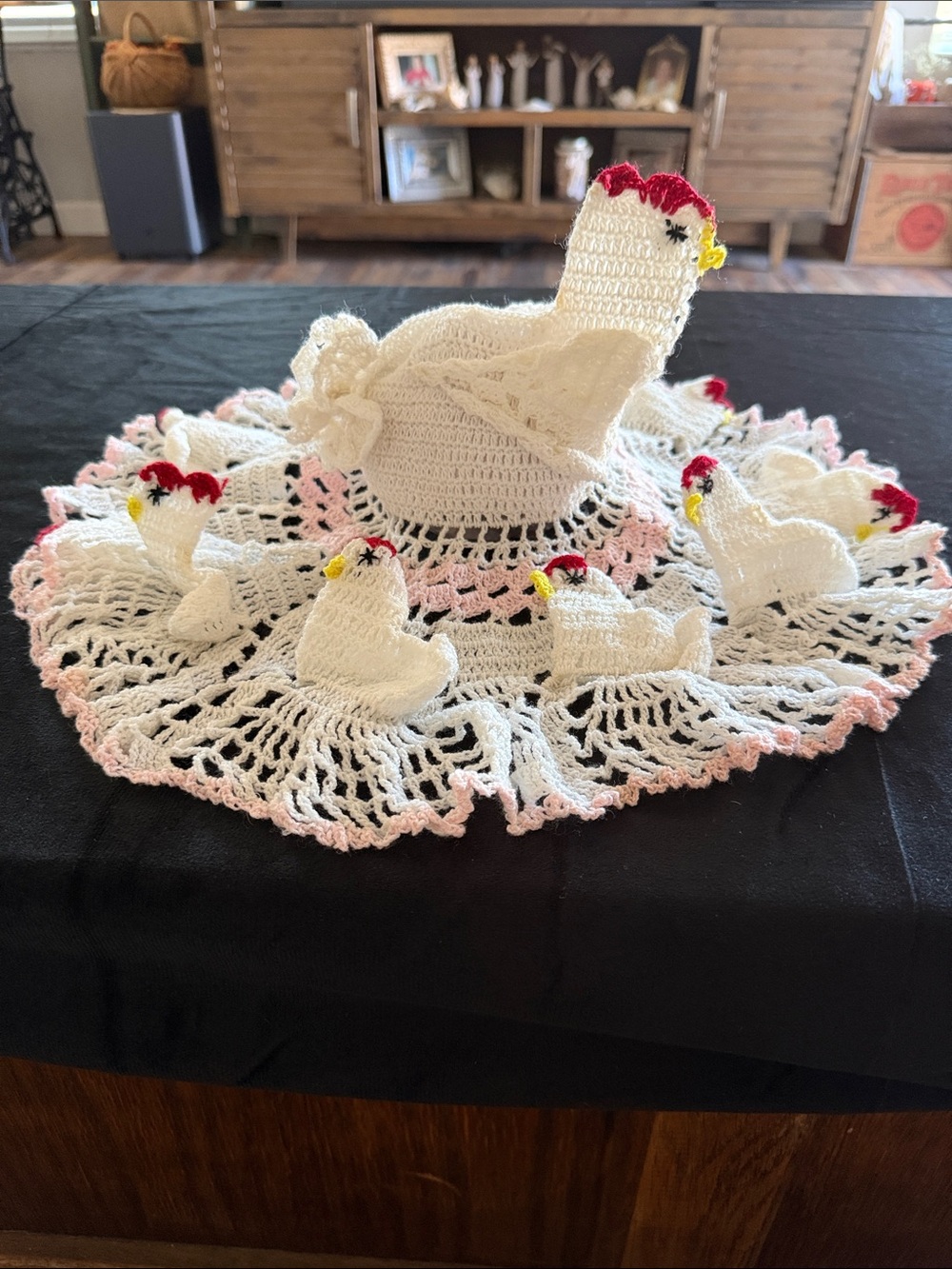 Vintage Hand Crocheted Farmhouse Chicken Doily with lil chicks Cottagecore